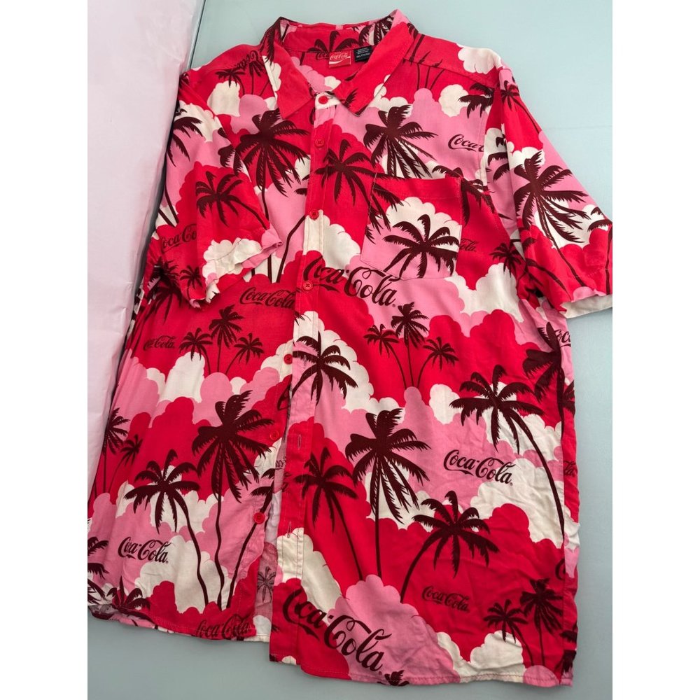 Vintage Coca Cola Men Hawaiian Shirt Rayon Button Up Lightweight Aloha XXL 2XL